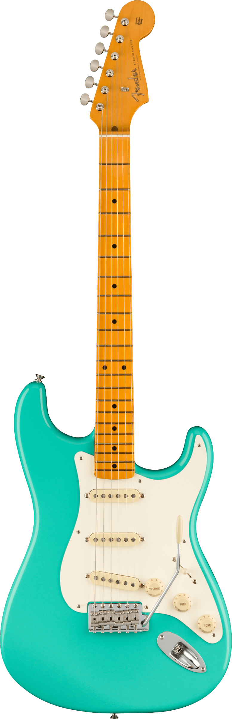 The image shows a Fender Stratocaster electric guitar with a glossy turquoise body and classic double cutaway shape. It has a maple neck and fretboard with dot inlays, a white pickguard, three single-coil pickups, chrome hardware, and tuning pegs. The headstock features the Fender logo. The combination of the vibrant finish and maple neck highlights its modern design, typical of Fender’s American or Player series.