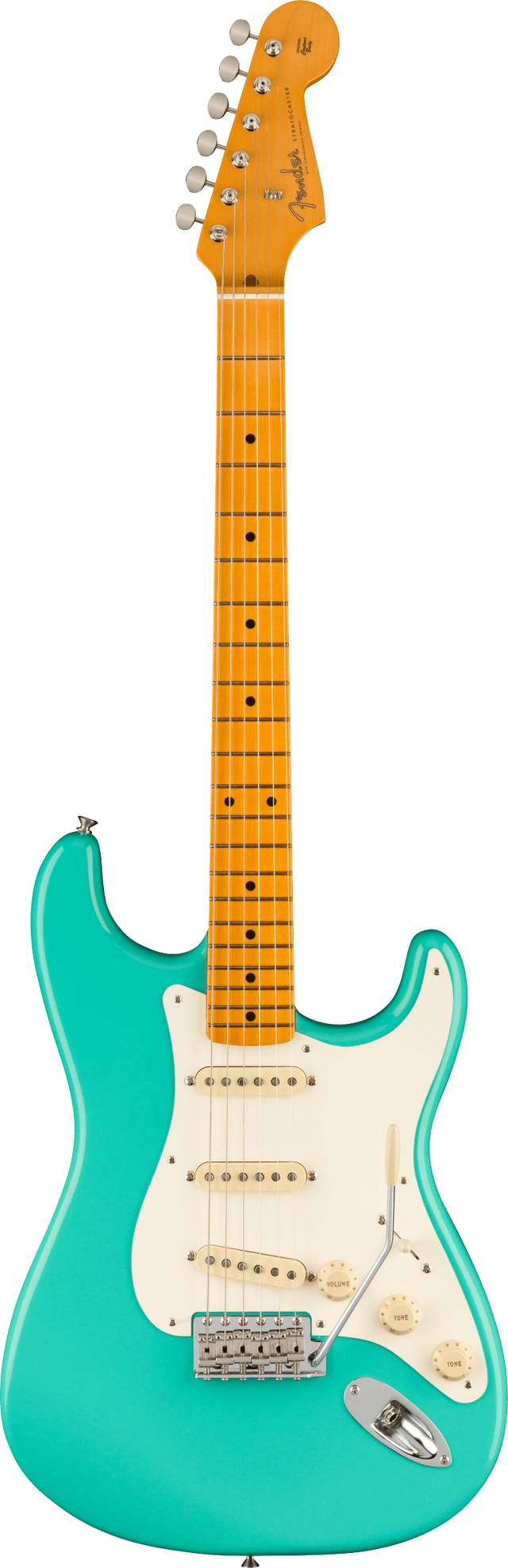 The image shows a Fender Stratocaster electric guitar with a glossy turquoise body and classic double cutaway shape. It has a maple neck and fretboard with dot inlays, a white pickguard, three single-coil pickups, chrome hardware, and tuning pegs. The headstock features the Fender logo. The combination of the vibrant finish and maple neck highlights its modern design, typical of Fender’s American or Player series.