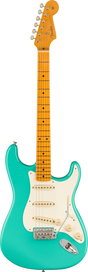 The image shows a Fender Stratocaster electric guitar with a glossy turquoise body and classic double cutaway shape. It has a maple neck and fretboard with dot inlays, a white pickguard, three single-coil pickups, chrome hardware, and tuning pegs. The headstock features the Fender logo. The combination of the vibrant finish and maple neck highlights its modern design, typical of Fender’s American or Player series.