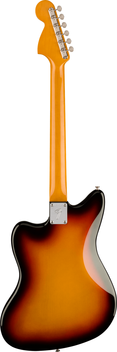 The image shows the back of a Fender electric guitar with a sunburst finish fading from dark edges to amber center. It features a maple neck and fretboard, a metal neck plate with the Fender logo, and the classic offset body shape seen in Jazzmaster or Jaguar models. The six inline tuning pegs on the characteristic Fender headstock and the glossy finish suggest a well-maintained, modern instrument, photographed against a clean white background.