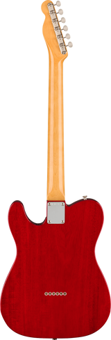The image shows the back of a Telecaster-style electric guitar with a deep cherry red single-cutaway body. It features a bolt-on natural maple neck with a metal neck plate and six chrome tuning pegs in a straight line on the curved Fender-style headstock. The guitar has a clean finish and classic design, known for its bright, versatile tone popular in country, rock, and blues music.