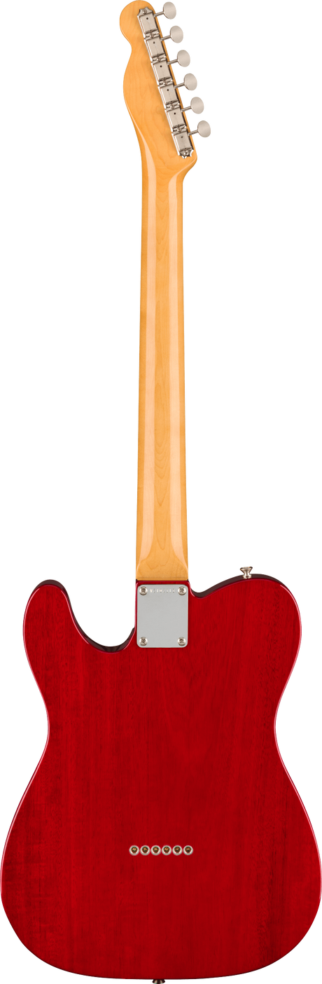 The image shows the back of a Telecaster-style electric guitar with a deep cherry red single-cutaway body. It features a bolt-on natural maple neck with a metal neck plate and six chrome tuning pegs in a straight line on the curved Fender-style headstock. The guitar has a clean finish and classic design, known for its bright, versatile tone popular in country, rock, and blues music.