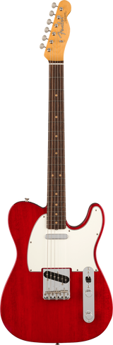 The image shows a Fender Telecaster electric guitar with a classic bright red body and white pickguard. It features a natural maple headstock with the Fender logo, six chrome tuning pegs, a maple neck with a dark fretboard, and dot markers. The guitar has the signature Telecaster pickups, controls, and bridge, highlighting its iconic, timeless design known for a bright, cutting tone.