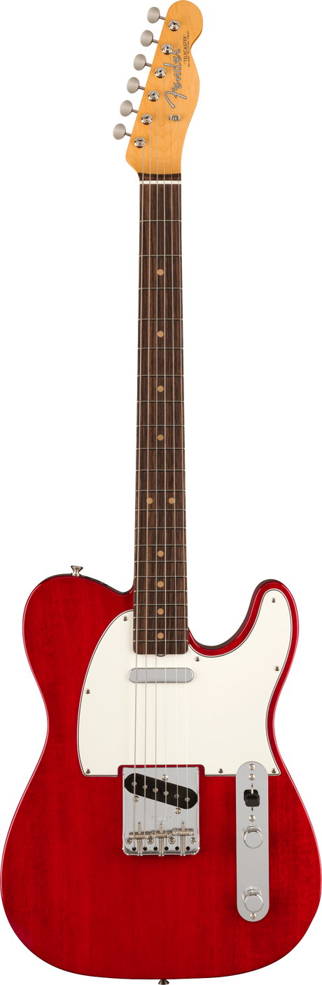The image shows a Fender Telecaster electric guitar with a classic bright red body and white pickguard. It features a natural maple headstock with the Fender logo, six chrome tuning pegs, a maple neck with a dark fretboard, and dot markers. The guitar has the signature Telecaster pickups, controls, and bridge, highlighting its iconic, timeless design known for a bright, cutting tone.