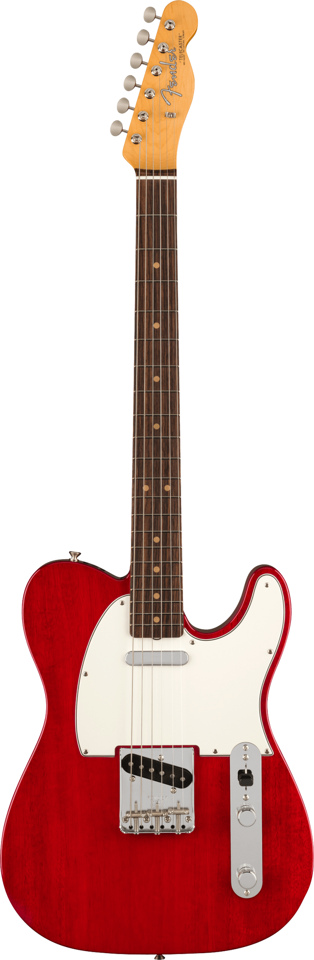 The image shows a Fender Telecaster electric guitar with a classic bright red body and white pickguard. It features a natural maple headstock with the Fender logo, six chrome tuning pegs, a maple neck with a dark fretboard, and dot markers. The guitar has the signature Telecaster pickups, controls, and bridge, highlighting its iconic, timeless design known for a bright, cutting tone.
