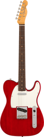 The image shows a Fender Telecaster electric guitar with a classic bright red body and white pickguard. It features a natural maple headstock with the Fender logo, six chrome tuning pegs, a maple neck with a dark fretboard, and dot markers. The guitar has the signature Telecaster pickups, controls, and bridge, highlighting its iconic, timeless design known for a bright, cutting tone.