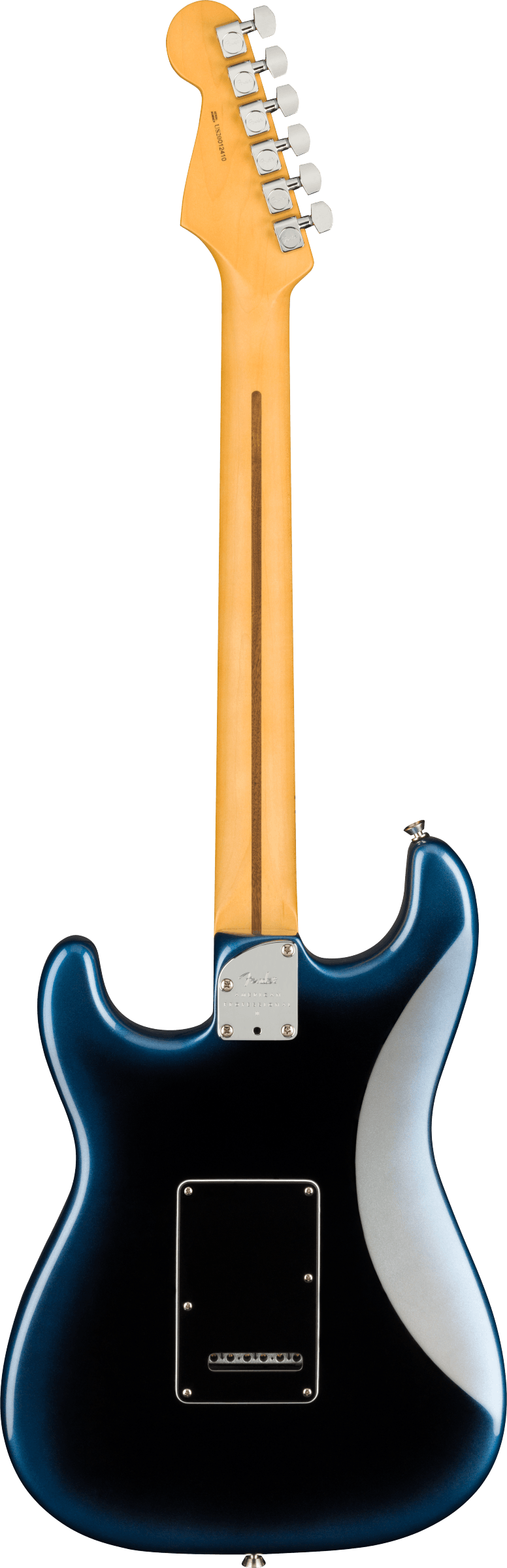 The image shows the back of a Fender Stratocaster-style electric guitar with a natural maple headstock featuring six chrome tuning pegs in a 6-in-line layout and visible Fender branding. The maple neck has a skunk stripe down its center. The deep blue, glossy body has classic Stratocaster contours, a chrome neck plate, and a black plastic back plate covering the tremolo cavity.