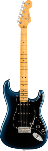 The image shows a Fender Stratocaster electric guitar with a deep blue/teal metallic body, a natural maple neck and fretboard, and the classic Fender headstock with chrome tuning pegs and logo. It features a black pickguard with three single-coil pickups, chrome hardware, and the iconic double cutaway Stratocaster body shape, known for its versatile tone and timeless design since the 1950s.