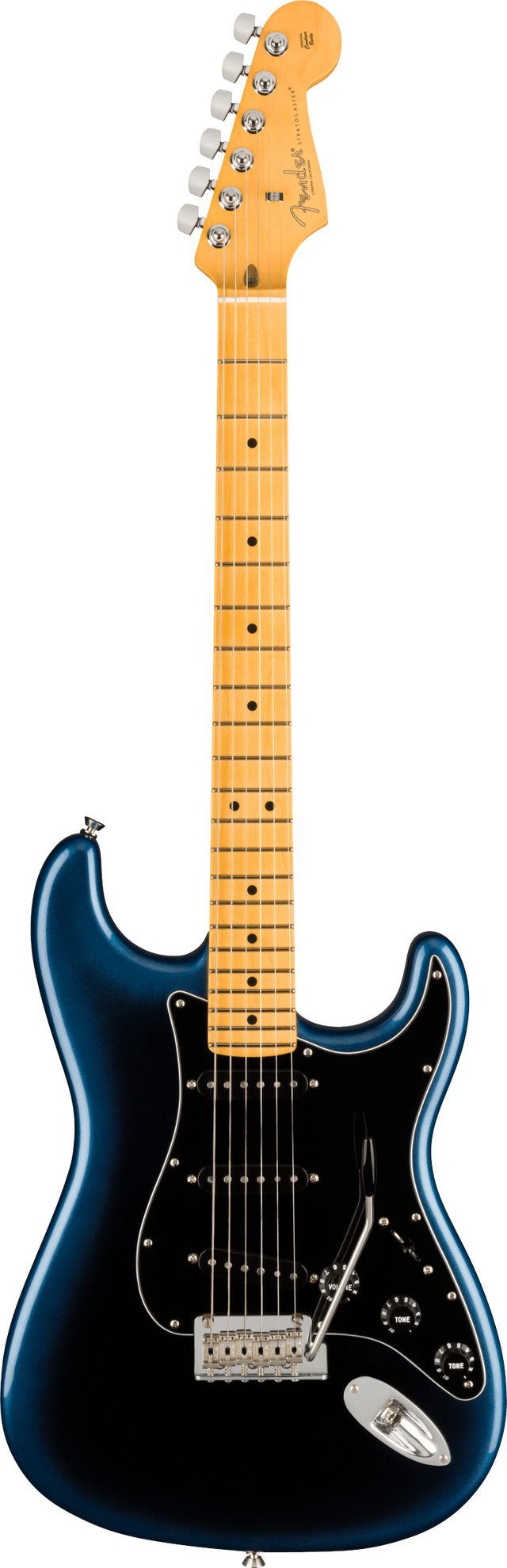 The image shows a Fender Stratocaster electric guitar with a deep blue/teal metallic body, a natural maple neck and fretboard, and the classic Fender headstock with chrome tuning pegs and logo. It features a black pickguard with three single-coil pickups, chrome hardware, and the iconic double cutaway Stratocaster body shape, known for its versatile tone and timeless design since the 1950s.