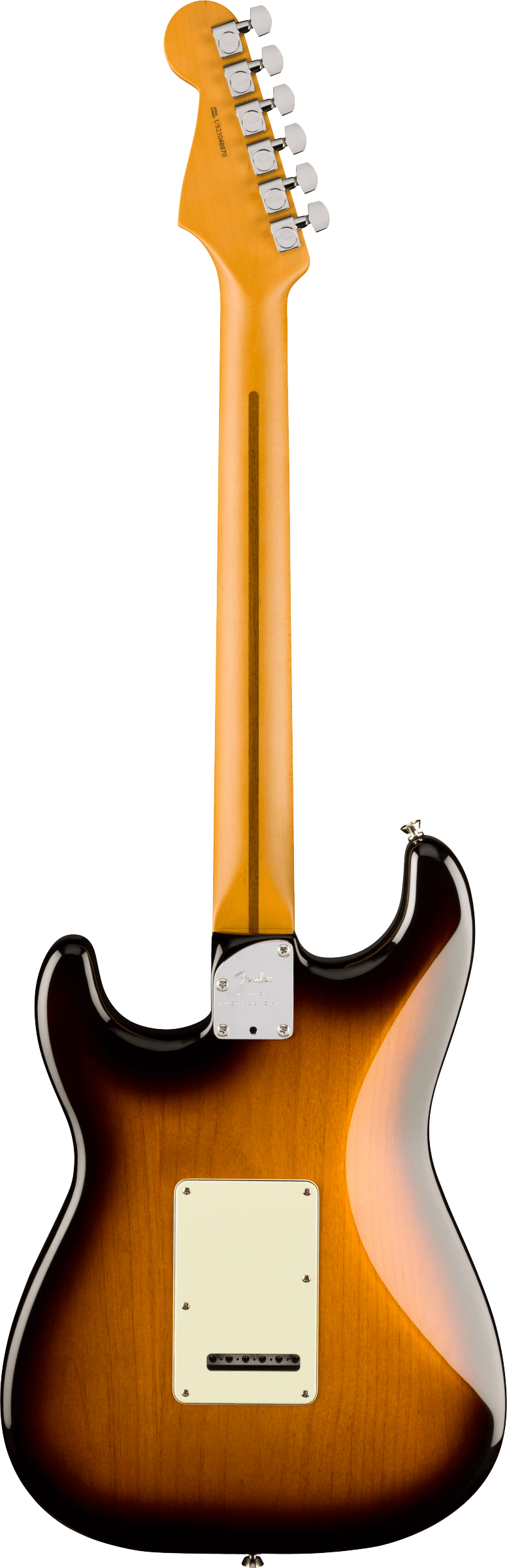 The image shows the back of a Fender Stratocaster-style electric guitar with a sunburst finish, glossy body, and double-cutaway design. It features chrome tuning pegs, a white pickguard, chrome neck plate, and tremolo cavity cover. The maple neck has a natural finish and classic Fender headstock, with bolt-on construction typical of Stratocasters, a popular design since the 1950s.