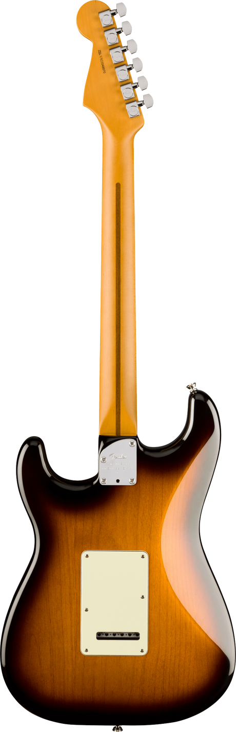 The image shows the back of a Fender Stratocaster-style electric guitar with a sunburst finish, glossy body, and double-cutaway design. It features chrome tuning pegs, a white pickguard, chrome neck plate, and tremolo cavity cover. The maple neck has a natural finish and classic Fender headstock, with bolt-on construction typical of Stratocasters, a popular design since the 1950s.