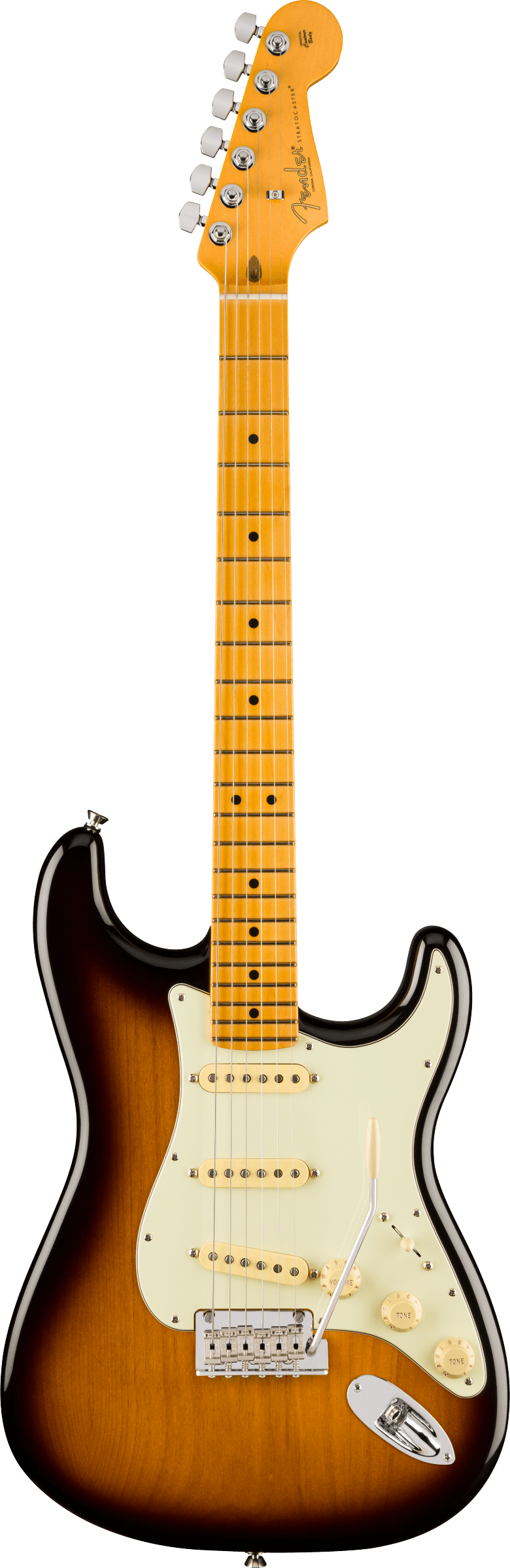The image shows a Fender Stratocaster electric guitar with a classic double-cutaway body and sunburst finish. It features a cream pickguard, three single-coil pickups with white covers, chrome hardware, and a synchronized tremolo bridge. The maple neck has dot inlays and a natural finish, topped with a Fender headstock and six chrome tuning pegs. This design reflects vintage 1950s-60s Stratocaster styles.