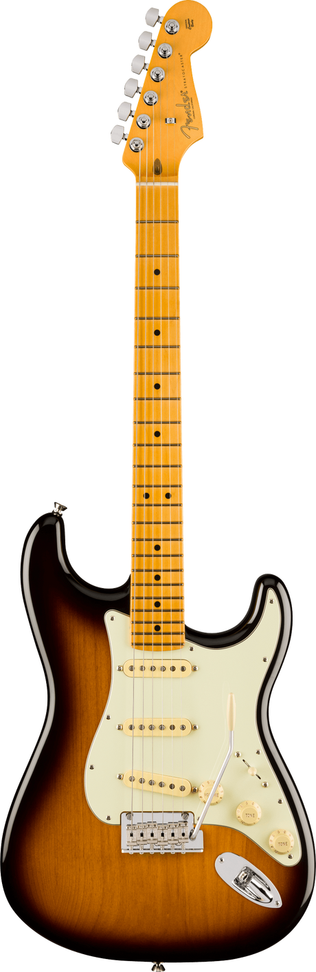 The image shows a Fender Stratocaster electric guitar with a classic double-cutaway body and sunburst finish. It features a cream pickguard, three single-coil pickups with white covers, chrome hardware, and a synchronized tremolo bridge. The maple neck has dot inlays and a natural finish, topped with a Fender headstock and six chrome tuning pegs. This design reflects vintage 1950s-60s Stratocaster styles.