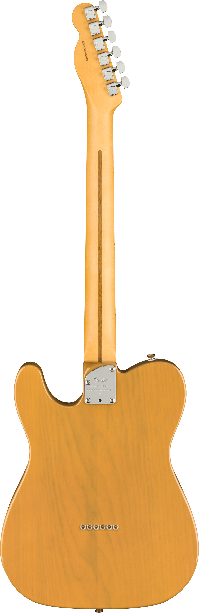 The image shows the back view of a Fender Telecaster-style electric guitar with a natural blonde finish highlighting the wood grain. It features a classic single-cutaway body, bolt-on neck with a skunk stripe, chrome tuning pegs, a metal neck plate, and six string ferrules with a string-through-body design. The headstock has the traditional Fender shape, showcasing the guitar’s clean, timeless construction.