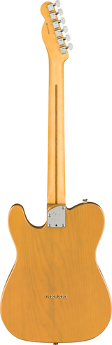 The image shows the back view of a Fender Telecaster-style electric guitar with a natural blonde finish highlighting the wood grain. It features a classic single-cutaway body, bolt-on neck with a skunk stripe, chrome tuning pegs, a metal neck plate, and six string ferrules with a string-through-body design. The headstock has the traditional Fender shape, showcasing the guitar’s clean, timeless construction.