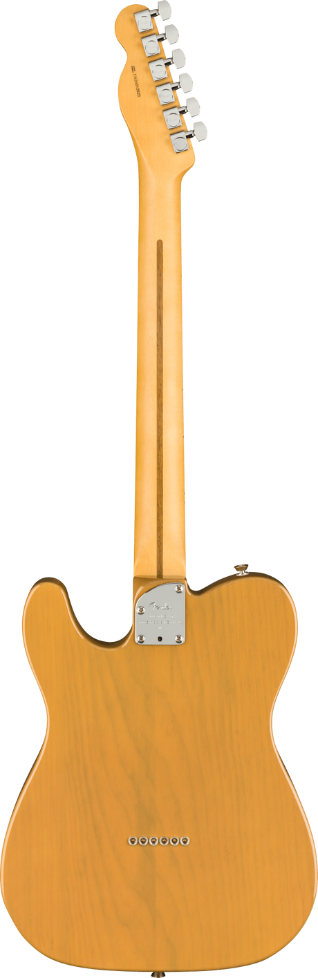 The image shows the back view of a Fender Telecaster-style electric guitar with a natural blonde finish highlighting the wood grain. It features a classic single-cutaway body, bolt-on neck with a skunk stripe, chrome tuning pegs, a metal neck plate, and six string ferrules with a string-through-body design. The headstock has the traditional Fender shape, showcasing the guitar’s clean, timeless construction.
