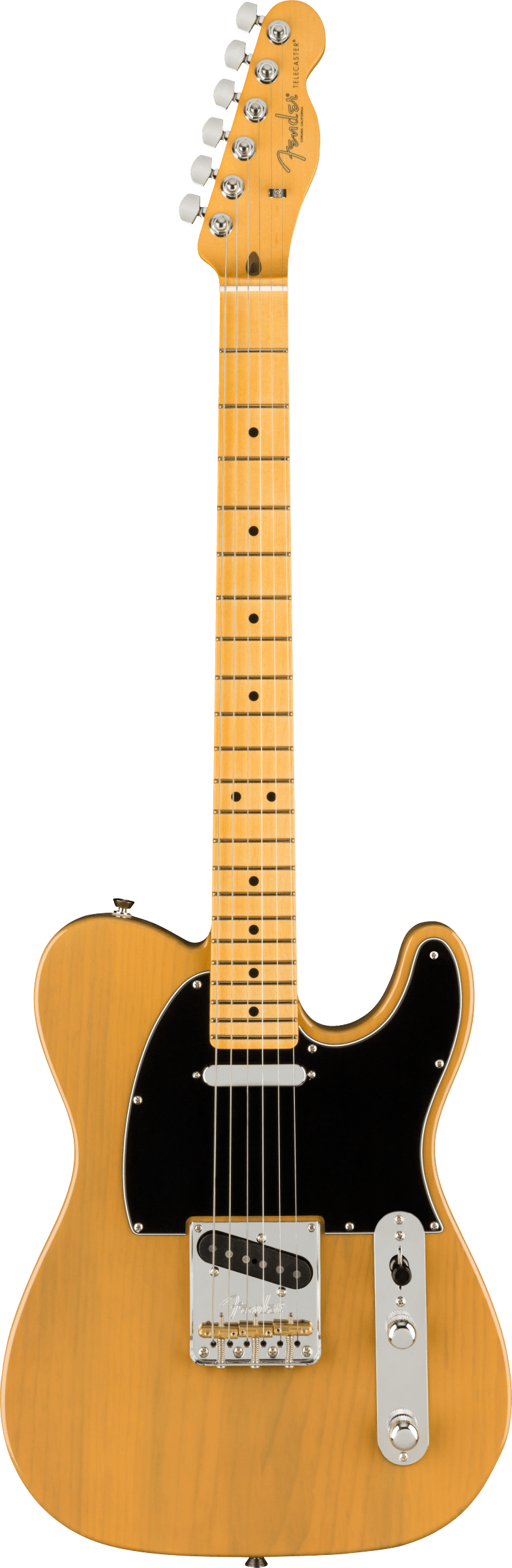 The image shows a Fender Telecaster electric guitar with a butterscotch blonde finish. It features a classic single-cutaway body, black pickguard, chrome hardware, and a 3-saddle bridge. The maple neck has a natural finish with dot or block inlays and a 6-in-line headstock with the Fender logo. Equipped with two single-coil pickups, volume and tone knobs, and a 3-way selector, it reflects the iconic 1950s Telecaster design.