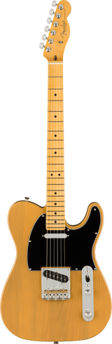 The image shows a Fender Telecaster electric guitar with a butterscotch blonde finish. It features a classic single-cutaway body, black pickguard, chrome hardware, and a 3-saddle bridge. The maple neck has a natural finish with dot or block inlays and a 6-in-line headstock with the Fender logo. Equipped with two single-coil pickups, volume and tone knobs, and a 3-way selector, it reflects the iconic 1950s Telecaster design.