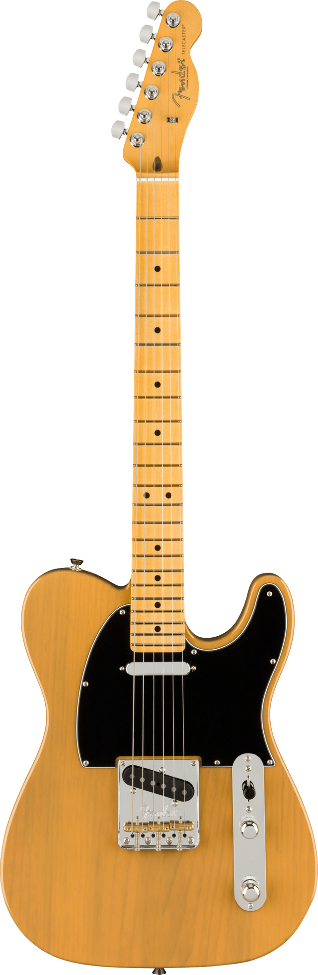 The image shows a Fender Telecaster electric guitar with a butterscotch blonde finish. It features a classic single-cutaway body, black pickguard, chrome hardware, and a 3-saddle bridge. The maple neck has a natural finish with dot or block inlays and a 6-in-line headstock with the Fender logo. Equipped with two single-coil pickups, volume and tone knobs, and a 3-way selector, it reflects the iconic 1950s Telecaster design.