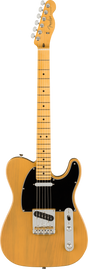 The image shows a Fender Telecaster electric guitar with a butterscotch blonde finish. It features a classic single-cutaway body, black pickguard, chrome hardware, and a 3-saddle bridge. The maple neck has a natural finish with dot or block inlays and a 6-in-line headstock with the Fender logo. Equipped with two single-coil pickups, volume and tone knobs, and a 3-way selector, it reflects the iconic 1950s Telecaster design.