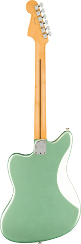 The image shows the back of an electric guitar, likely a Fender, with a glossy seafoam green body and natural maple neck and headstock. It features six chrome tuning pegs in a 6-in-line layout, a metal neck plate, and an offset body shape similar to a Jazzmaster. The guitar has a clean, professional build with a vintage-inspired look combining the mint green body and light wood neck.