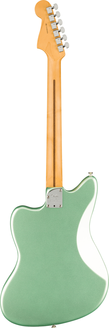 The image shows the back of an electric guitar, likely a Fender, with a glossy seafoam green body and natural maple neck and headstock. It features six chrome tuning pegs in a 6-in-line layout, a metal neck plate, and an offset body shape similar to a Jazzmaster. The guitar has a clean, professional build with a vintage-inspired look combining the mint green body and light wood neck.
