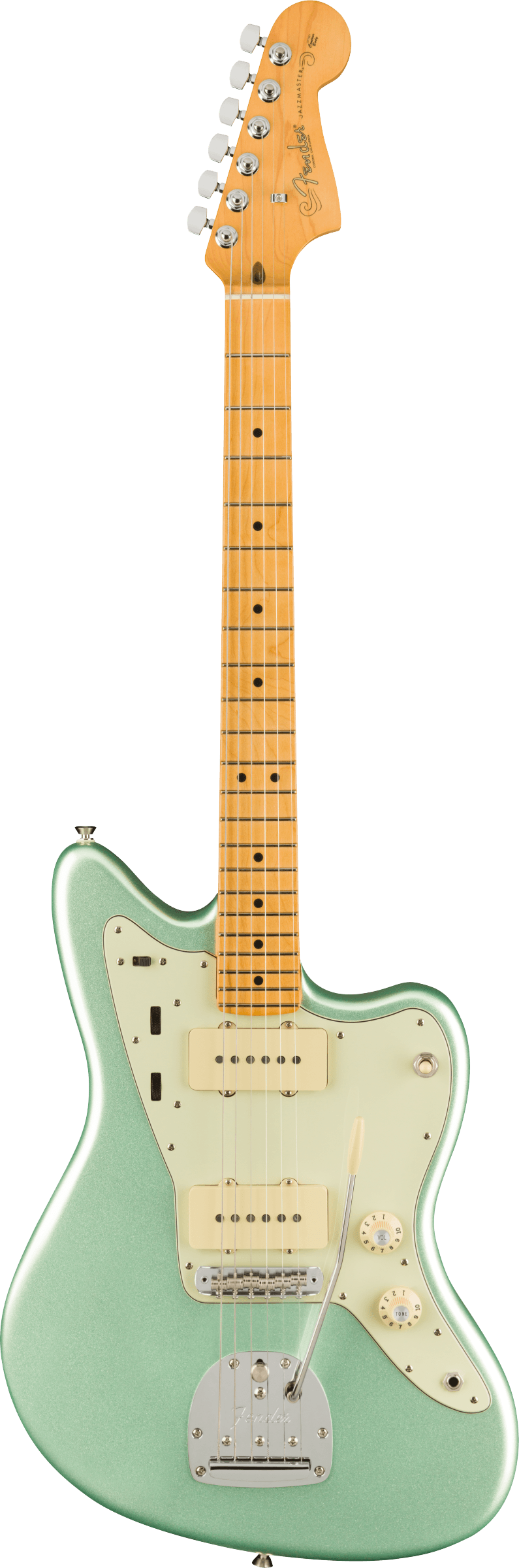 The image shows a Fender Jazzmaster electric guitar with an offset waist body in glossy surf green, a cream pickguard, and chrome hardware. It features two single-coil pickups, individual volume and tone controls, a rhythm/lead switch, a chrome tremolo tailpiece, and adjustable bridge. The maple neck has dot inlays, six chrome tuners, and a classic Fender headstock with logo. This iconic model is popular for its distinctive tone and comfortable playability.