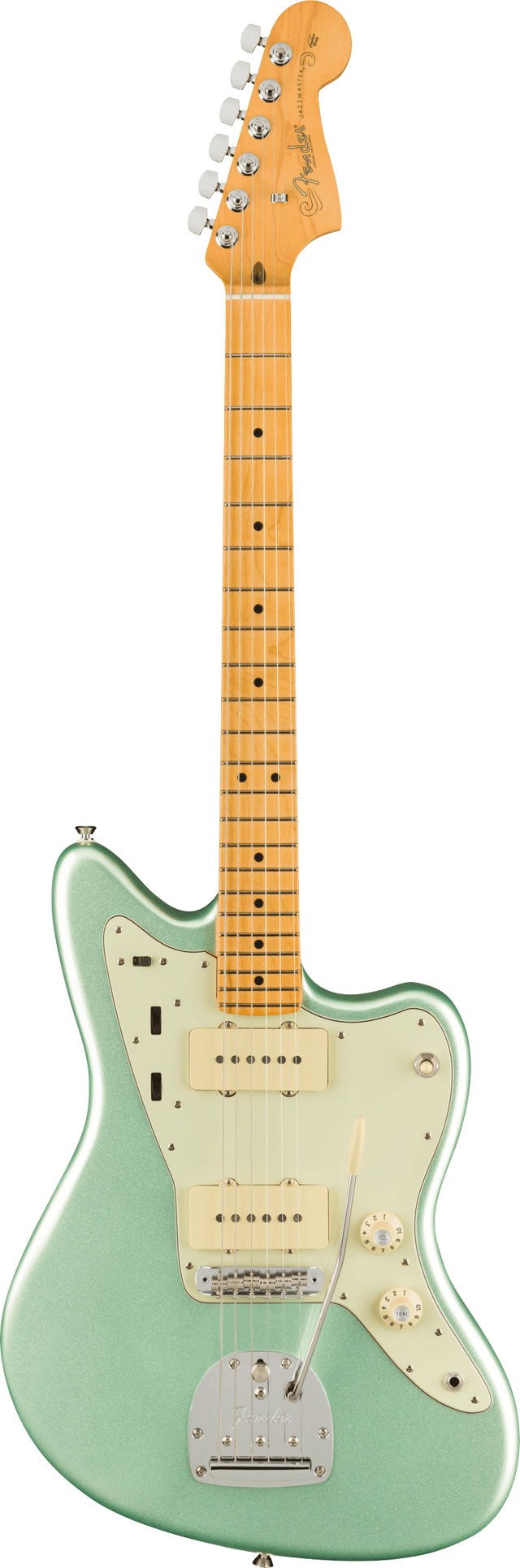 The image shows a Fender Jazzmaster electric guitar with an offset waist body in glossy surf green, a cream pickguard, and chrome hardware. It features two single-coil pickups, individual volume and tone controls, a rhythm/lead switch, a chrome tremolo tailpiece, and adjustable bridge. The maple neck has dot inlays, six chrome tuners, and a classic Fender headstock with logo. This iconic model is popular for its distinctive tone and comfortable playability.