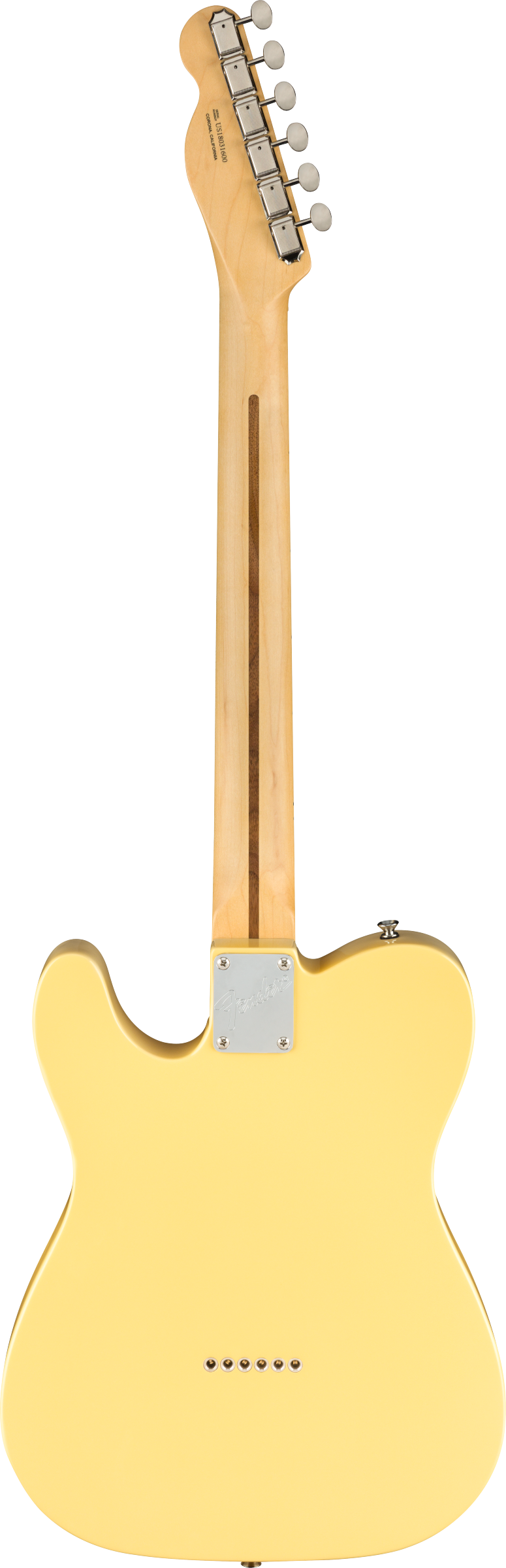 The image shows the back of a Telecaster-style electric guitar with a light yellow/cream solid body and classic single cutaway. It features a chrome neck plate, bolt-on maple neck with a skunk stripe, and six vintage-style tuning pegs with cream buttons. The guitar has a string-through-body design and six strings, reflecting the look of a classic 1950s Fender Telecaster or a tribute model.