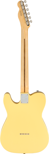The image shows the back of a Telecaster-style electric guitar with a light yellow/cream solid body and classic single cutaway. It features a chrome neck plate, bolt-on maple neck with a skunk stripe, and six vintage-style tuning pegs with cream buttons. The guitar has a string-through-body design and six strings, reflecting the look of a classic 1950s Fender Telecaster or a tribute model.