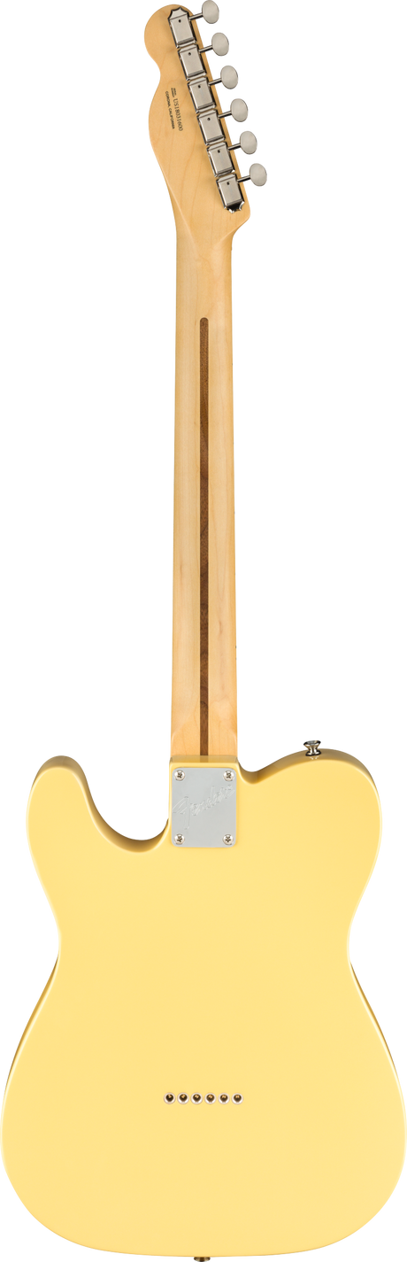 The image shows the back of a Telecaster-style electric guitar with a light yellow/cream solid body and classic single cutaway. It features a chrome neck plate, bolt-on maple neck with a skunk stripe, and six vintage-style tuning pegs with cream buttons. The guitar has a string-through-body design and six strings, reflecting the look of a classic 1950s Fender Telecaster or a tribute model.