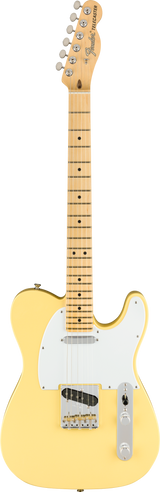 The image shows a Fender Telecaster electric guitar with a cream/vintage white finish, classic single-cutaway body, white pickguard, and maple neck with black dot markers. It features chrome hardware, two single-coil pickups, volume and tone knobs, a 3-way selector switch, fixed bridge, and six-on-a-side tuning pegs. The headstock displays the Fender logo and "TELECASTER" text, reflecting a vintage or reissue model.