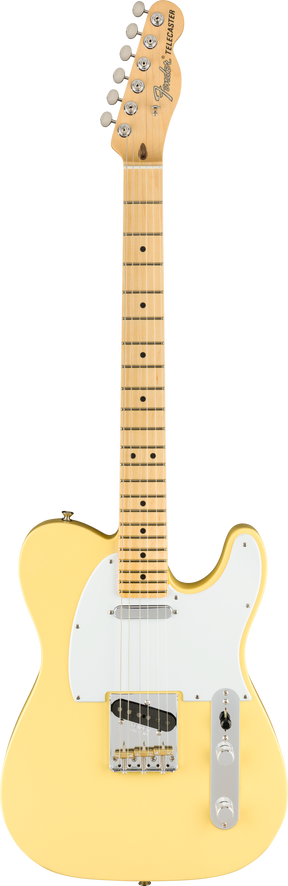 The image shows a Fender Telecaster electric guitar with a cream/vintage white finish, classic single-cutaway body, white pickguard, and maple neck with black dot markers. It features chrome hardware, two single-coil pickups, volume and tone knobs, a 3-way selector switch, fixed bridge, and six-on-a-side tuning pegs. The headstock displays the Fender logo and "TELECASTER" text, reflecting a vintage or reissue model.
