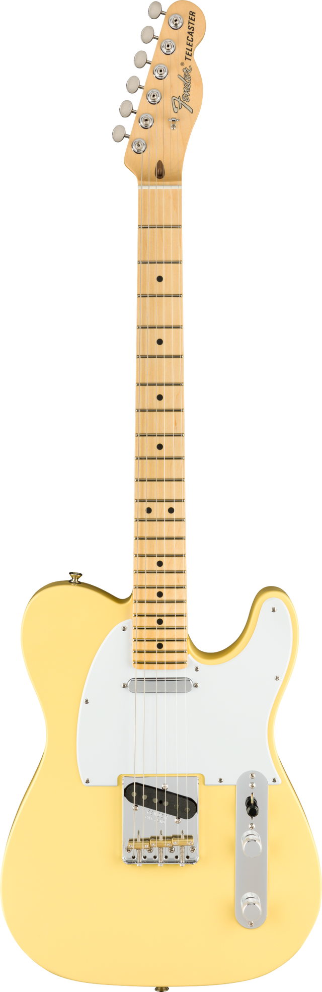 The image shows a Fender Telecaster electric guitar with a cream/vintage white finish, classic single-cutaway body, white pickguard, and maple neck with black dot markers. It features chrome hardware, two single-coil pickups, volume and tone knobs, a 3-way selector switch, fixed bridge, and six-on-a-side tuning pegs. The headstock displays the Fender logo and "TELECASTER" text, reflecting a vintage or reissue model.