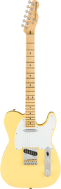The image shows a Fender Telecaster electric guitar with a cream/vintage white finish, classic single-cutaway body, white pickguard, and maple neck with black dot markers. It features chrome hardware, two single-coil pickups, volume and tone knobs, a 3-way selector switch, fixed bridge, and six-on-a-side tuning pegs. The headstock displays the Fender logo and "TELECASTER" text, reflecting a vintage or reissue model.