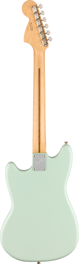 The image shows the back of a mint green Fender Telecaster-style electric guitar with a classic single cutaway body. It features a natural maple neck and headstock with visible wood grain, six chrome tuning pegs in a line, a truss rod adjustment slot, and a chrome 4-bolt neck plate typical of bolt-on Fender construction. The smooth finish and vintage color enhance its classic American design.