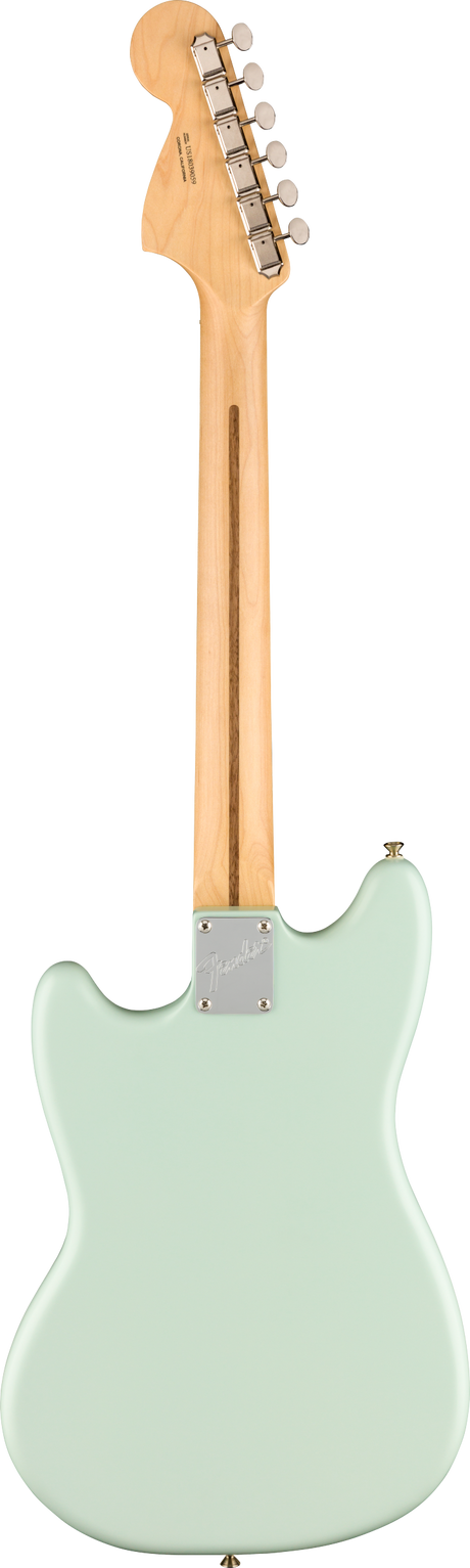The image shows the back of a mint green Fender Telecaster-style electric guitar with a classic single cutaway body. It features a natural maple neck and headstock with visible wood grain, six chrome tuning pegs in a line, a truss rod adjustment slot, and a chrome 4-bolt neck plate typical of bolt-on Fender construction. The smooth finish and vintage color enhance its classic American design.