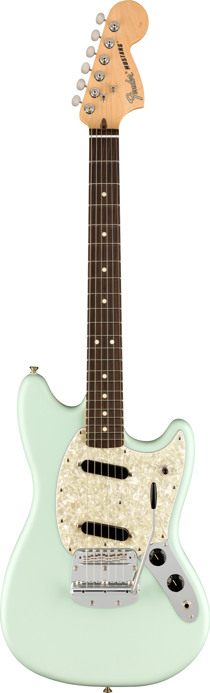 The image shows a Fender Mustang electric guitar with a light seafoam green offset body, white pearloid pickguard, and chrome hardware. It features two single-coil pickups, volume and tone knobs, a chrome vintage-style tremolo bridge, and a natural maple headstock with six chrome tuners. The dark rosewood fretboard has white dot markers. This classic model is known for its shorter scale and distinctive tone.