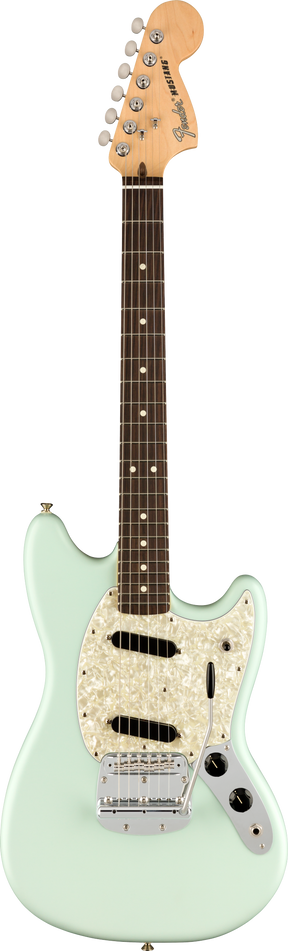 The image shows a Fender Mustang electric guitar with a light seafoam green offset body, white pearloid pickguard, and chrome hardware. It features two single-coil pickups, volume and tone knobs, a chrome vintage-style tremolo bridge, and a natural maple headstock with six chrome tuners. The dark rosewood fretboard has white dot markers. This classic model is known for its shorter scale and distinctive tone.