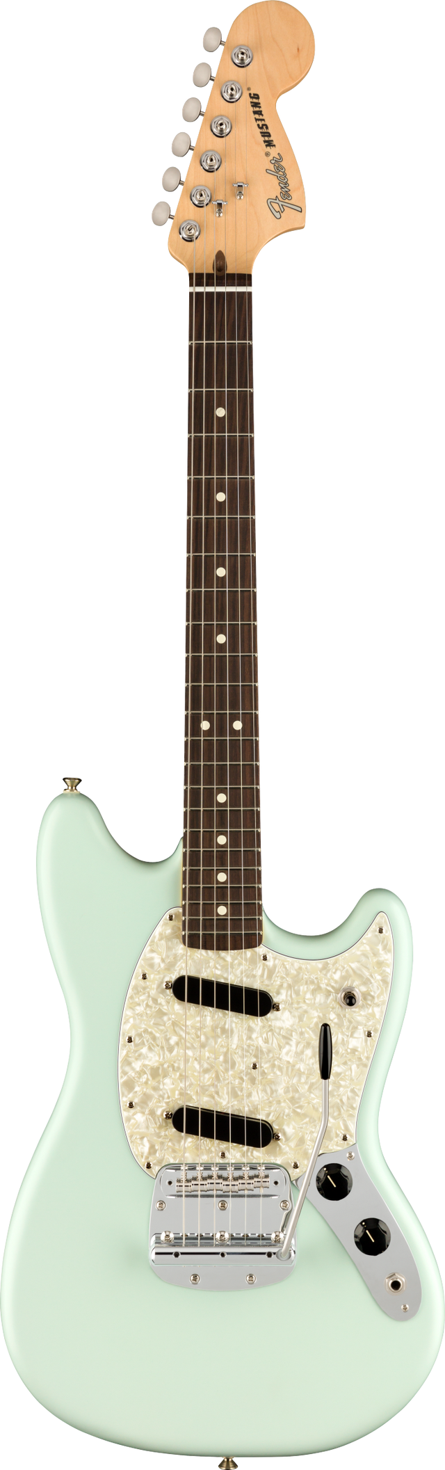 The image shows a Fender Mustang electric guitar with a light seafoam green offset body, white pearloid pickguard, and chrome hardware. It features two single-coil pickups, volume and tone knobs, a chrome vintage-style tremolo bridge, and a natural maple headstock with six chrome tuners. The dark rosewood fretboard has white dot markers. This classic model is known for its shorter scale and distinctive tone.