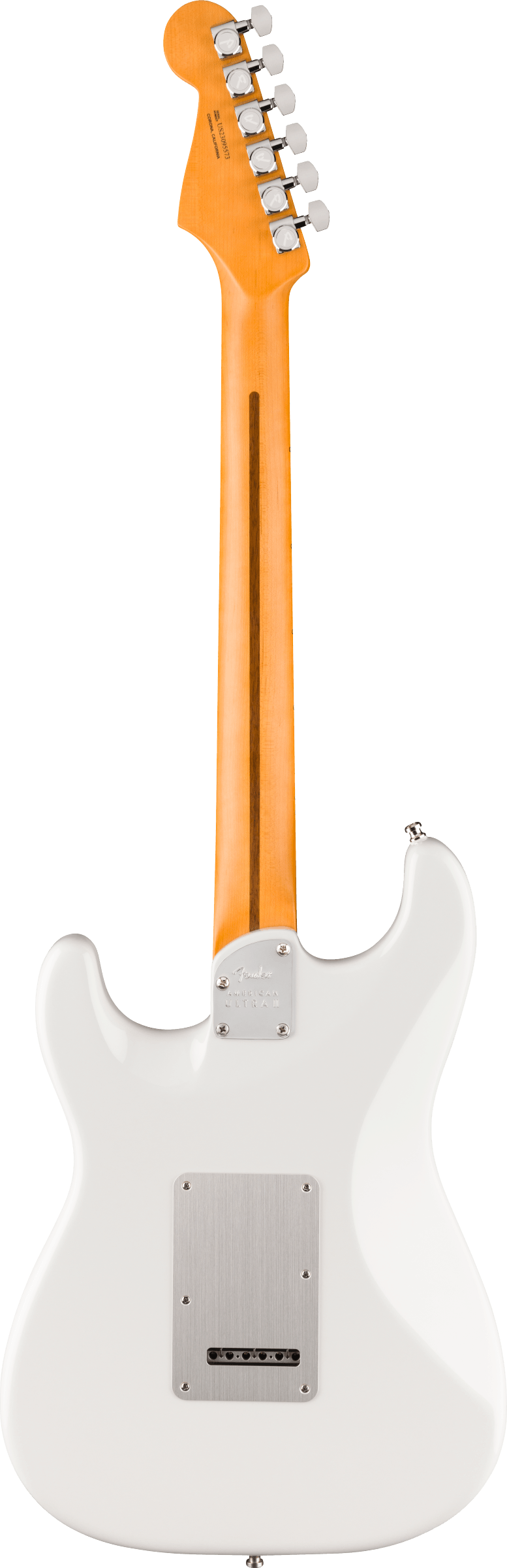 The image shows the back of a white/cream Fender Stratocaster-style electric guitar with a classic contoured body. It features a natural maple neck with a visible wood grain stripe, chrome hardware, and six sealed chrome tuning pegs in a 6-in-line headstock. Visible are white back plates secured by screws and body routing suggesting a tremolo bridge. Some branding is visible on the headstock, indicating a Fender or licensed model.