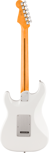 The image shows the back of a white/cream Fender Stratocaster-style electric guitar with a classic contoured body. It features a natural maple neck with a visible wood grain stripe, chrome hardware, and six sealed chrome tuning pegs in a 6-in-line headstock. Visible are white back plates secured by screws and body routing suggesting a tremolo bridge. Some branding is visible on the headstock, indicating a Fender or licensed model.
