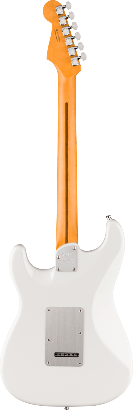 The image shows the back of a white/cream Fender Stratocaster-style electric guitar with a classic contoured body. It features a natural maple neck with a visible wood grain stripe, chrome hardware, and six sealed chrome tuning pegs in a 6-in-line headstock. Visible are white back plates secured by screws and body routing suggesting a tremolo bridge. Some branding is visible on the headstock, indicating a Fender or licensed model.