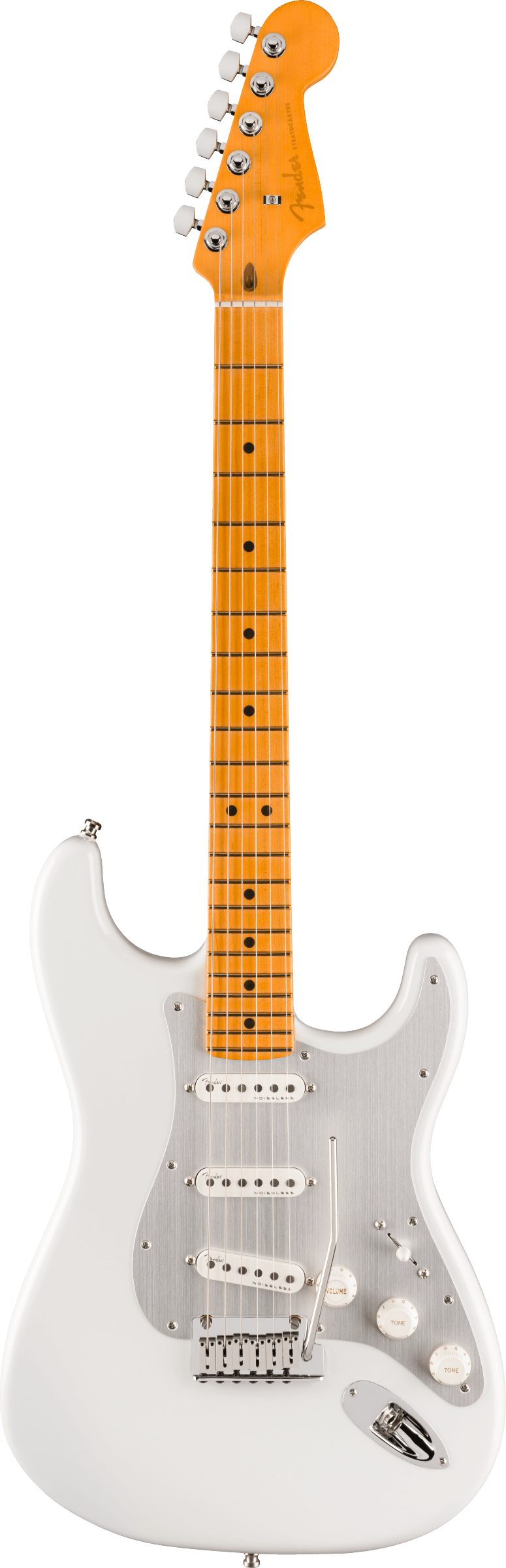 The image shows a classic Stratocaster-style electric guitar with a white/cream solid body, white pickguard, and chrome hardware. It has three white single-coil pickups, a maple neck and fretboard with an amber finish, black dot inlays, and six strings. The headstock features chrome tuning pegs, and the guitar includes a standard tremolo bridge. The warm maple neck contrasts with the white body, creating a vintage-inspired look.