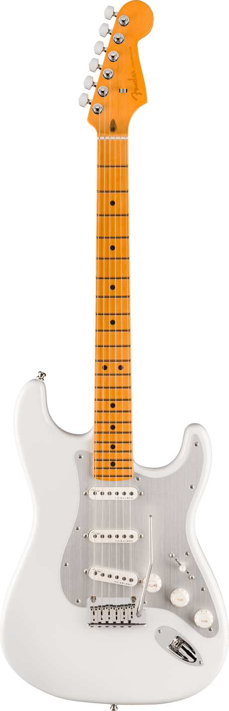 The image shows a classic Stratocaster-style electric guitar with a white/cream solid body, white pickguard, and chrome hardware. It has three white single-coil pickups, a maple neck and fretboard with an amber finish, black dot inlays, and six strings. The headstock features chrome tuning pegs, and the guitar includes a standard tremolo bridge. The warm maple neck contrasts with the white body, creating a vintage-inspired look.