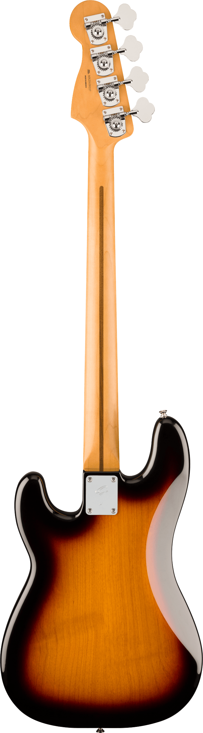 The image shows the back of a 4-string electric bass guitar with a long neck and solid body. It features four tuning pegs, a sunburst finish transitioning from dark edges to amber center, and a visible neck plate indicating bolt-on neck construction. The proportions and design elements clearly identify it as a traditional electric bass guitar with a classic vintage look.
