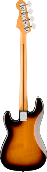 The image shows the back of a 4-string electric bass guitar with a long neck and solid body. It features four tuning pegs, a sunburst finish transitioning from dark edges to amber center, and a visible neck plate indicating bolt-on neck construction. The proportions and design elements clearly identify it as a traditional electric bass guitar with a classic vintage look.