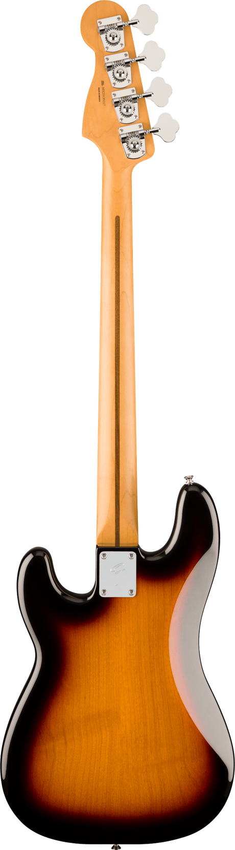 The image shows the back of a 4-string electric bass guitar with a long neck and solid body. It features four tuning pegs, a sunburst finish transitioning from dark edges to amber center, and a visible neck plate indicating bolt-on neck construction. The proportions and design elements clearly identify it as a traditional electric bass guitar with a classic vintage look.