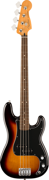 The image shows a Fender electric bass guitar, likely a Precision Bass model, with a sunburst body, classic maple headstock bearing the Fender logo, and four chrome tuning pegs with white buttons. It features a maple neck with a dark fretboard, white dot fret markers, a black pickguard with pickups, white control knobs, chrome bridge hardware, and four strings. This iconic design has been central to many music genres since the 1950s.