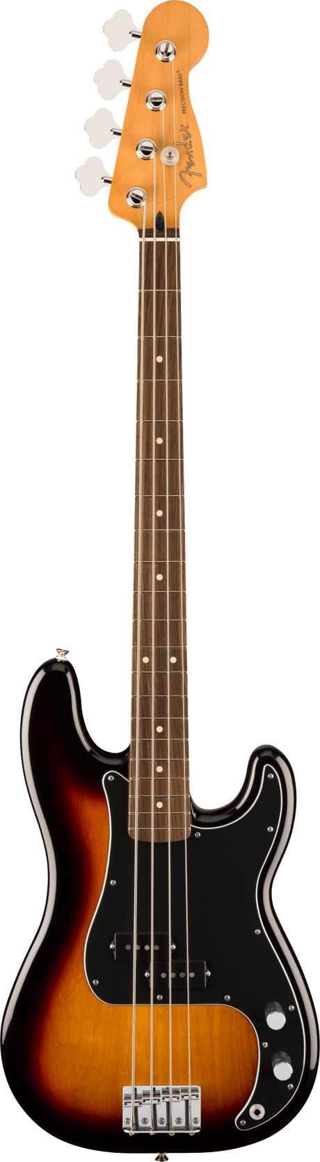 The image shows a Fender electric bass guitar, likely a Precision Bass model, with a sunburst body, classic maple headstock bearing the Fender logo, and four chrome tuning pegs with white buttons. It features a maple neck with a dark fretboard, white dot fret markers, a black pickguard with pickups, white control knobs, chrome bridge hardware, and four strings. This iconic design has been central to many music genres since the 1950s.